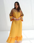 Botanical Border Embellished Linen Blend Dress full-length front view