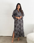 Chain Print Linen Blend Jalabiya with Leather Piping for Women Full Length View