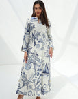 Coastal Seashell Print Cotton Jalabiya front view with eyelet textured cotton fabric