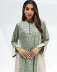 Contrast Panel Cotton Jalabiya in green and beige with botanical print and contrast side panels
