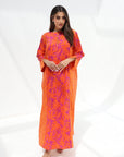 Contrast Panel Cotton Jalabiya in orange and purple with tropical print and contrast side panels