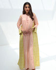 Contrast Panel Cotton Jalabiya in pink and yellow with printed front panel and contrast side panels