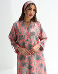 Hand embellished neckline detail on Coral Botanical Sketch Linen Blend Jalabiya