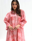 Collar neckline detail on Coral Palm Sketch Linen Blend Jalabiya