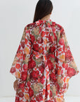 Wide kimono sleeve detail on Crimson Bloom Embellished Linen Blend Dress