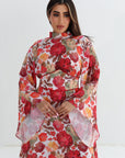 Crimson Bloom Embellished Linen Blend Dress with elegant high neckline
