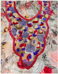 Close-up of Crimson Garden silk fabric with red purple and gold hand bead and sequin embellishment