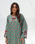 Emerald Mosaic Floral Linen Blend Jalabiya bow neckline detail