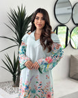 Women's Floral Border Print Linen Blend Dress in Pastel Blue