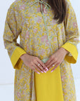 Golden Floral Paisley Cotton Jalabiya - Tie Neck Detail