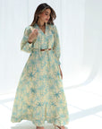 Full-length mint Signature Hand Embellished Linen Blend Dress with flowing silhouette