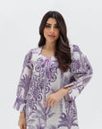 Lavender Palm Toile Linen Blend Jalabiya tie neck detail