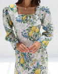 Hand embellishment detail on Lemon Bird Garden Linen Blend Dress