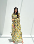 Women's citrus floral print linen blend jalabiya with long sleeves and modest full-length silhouette
