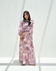 Women's rose botanical print linen blend jalabiya with gathered sleeves and elegant modest silhouette
