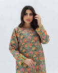 Meadow Floral Hand Embellished Linen Blend Jalabiya embellished neckline detail