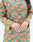 Meadow Floral Hand Embellished Linen Blend Jalabiya contrast sleeve detail