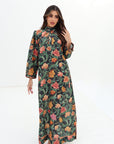 Midnight Autumn Bloom Embellished Linen Blend Jalabiya with elegant high neckline