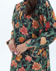 Botanical floral print detail on Midnight Autumn Bloom Embellished Linen Blend Jalabiya
