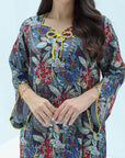 Tassel Neckline Detail on Botanical Print Jalabiya