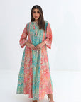 Mixed Paisley Print Cotton Jalabiya Turquoise Pattern Full Length