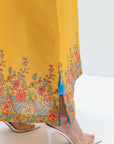 Floral Border Hem Detail on Mustard Linen Blend Jalabiya