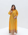 Mustard Floral Border Linen Blend Jalabiya for Women Front View