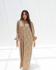 Mustard Paisley Floral Linen Blend Jalabiya full length front view