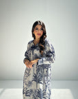 Botanical Palm Print Linen Blend Jalabiya for Women Front View Full Length Modest Dress
