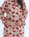 Oriental Fan Print Linen Blend Jalabiya - Neckline Detail