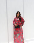 Luxury palm print jalabiya for women in coral red with hand embellishment