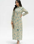 Palm Grove Embellished Linen Blend Jalabiya hand embellished chest detail