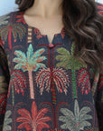 Palm Grove Hand Embellished Linen Blend Jalabiya neckline detail