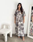 Palm Landscape Print Linen Blend Jalabiya for Women Full Length View