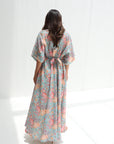 Pastel Chrysanthemum Linen Blend Dress with flowing kimono sleeves