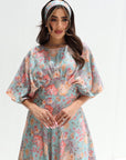 Elegant neckline detail on Pastel Chrysanthemum Linen Blend Dress