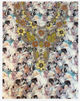 Full front design of the Pastel Garden floral cotton satin mukhawar with gold hand-beaded flowers and leaves.