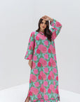 Pink Bloom Linen Blend Jalabiya full length front view