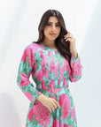 Pink Chrysanthemum Bloom Linen Blend Dress Waist and Floral Detail
