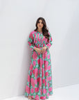 Pink Chrysanthemum Bloom Linen Blend Dress Floral Maxi Dress