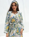 Orchard Aviary Sweetheart Linen Blend Dress showing matching waist sash and botanical print