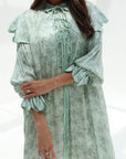 Ruffle Shoulder Silk Maxi Dress premium silk fabric close-up