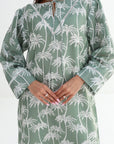 Sage Palm Embellished Linen Blend Jalabiya hand embellished neckline detail