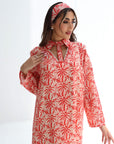 Coral Scenic Palm Toile Linen Blend Jalabiya scarf neck detail