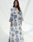 Tropical Leaf Print Cotton Jalabiya front view with eyelet textured cotton fabric