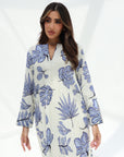 V-notch neckline detail on Tropical Leaf Print Cotton Jalabiya