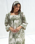 Tropical Palm Garden Linen Blend Dress in Sage Green – Full Length Modest Dress