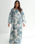 Tropical Palm Garden Linen Blend Dress in Teal Blue – Full Length Modest Dress