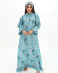 Tropical Palm Ruffle Linen Blend Jalabiya with hand embellishment full length view