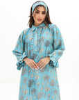 Front ruffle and neckline detail on Tropical Palm Ruffle Linen Blend Jalabiya
